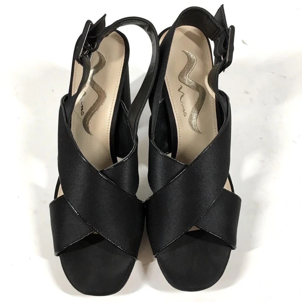 Nina New York Black Criss Cross Straps Platform Open Toe Sandal Heels Size 7.5M